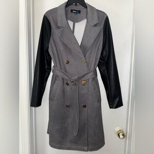 Double breasted Belted Faux Leather Sleeved Trench/ Dress Coat